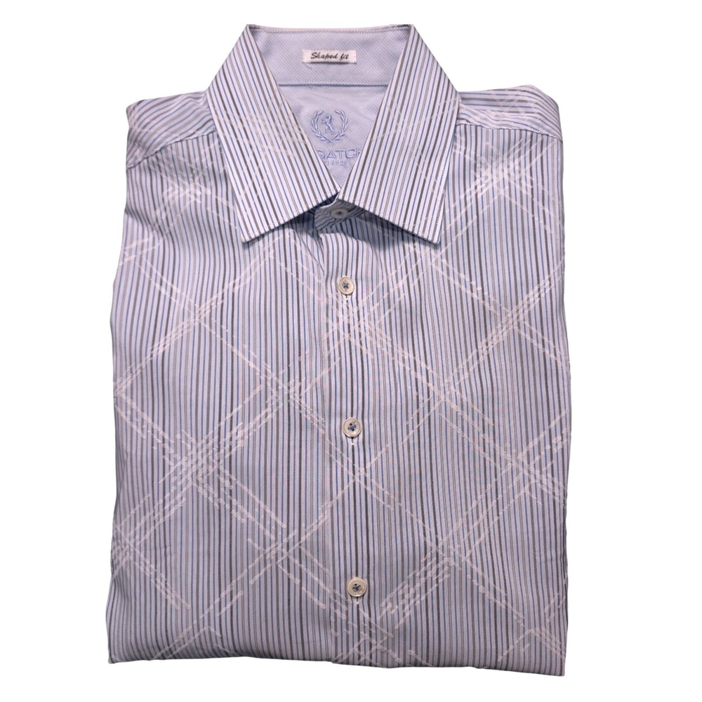 Bugatchi Uomo Blue White Striped Geometric Shaped Fit Button Down Shirt Mens L
